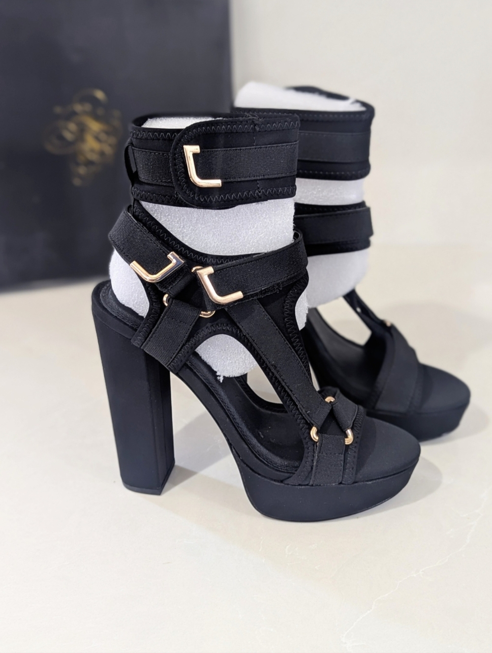 Liliana Black Platform Strappy Block Heel Sandals with Gold Accents